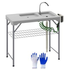 Folding Fish Cleaning Table With Sinks, Portable Camping Sink Table With Faucet, Drainage Hose, Sprayer, Shelf, Drawer And Storage Basket, Outdoo (Option: Gray)