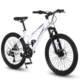 S24103  24 Inch Mountain Bike For Teenagers Girls Women, Shimano 21 Speeds With Dual Disc Brakes And 100mm Front Suspension, White-Pink (Color: White)