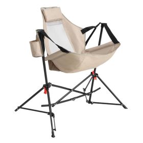 Hammock Camping Chair Folding Portable Rocking Chair Aluminum Alloy Adjustable Backrest With Pillow Cup Holder Outdoor Travel Lawn  Lounge Chair (Color: Khaki)